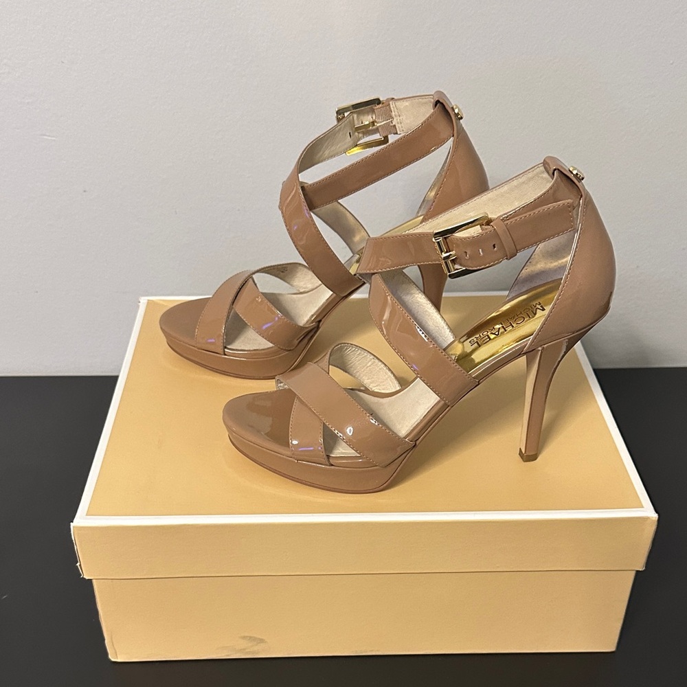 Michael Kors Patent Nude Tan Strappy High Heel Sandals